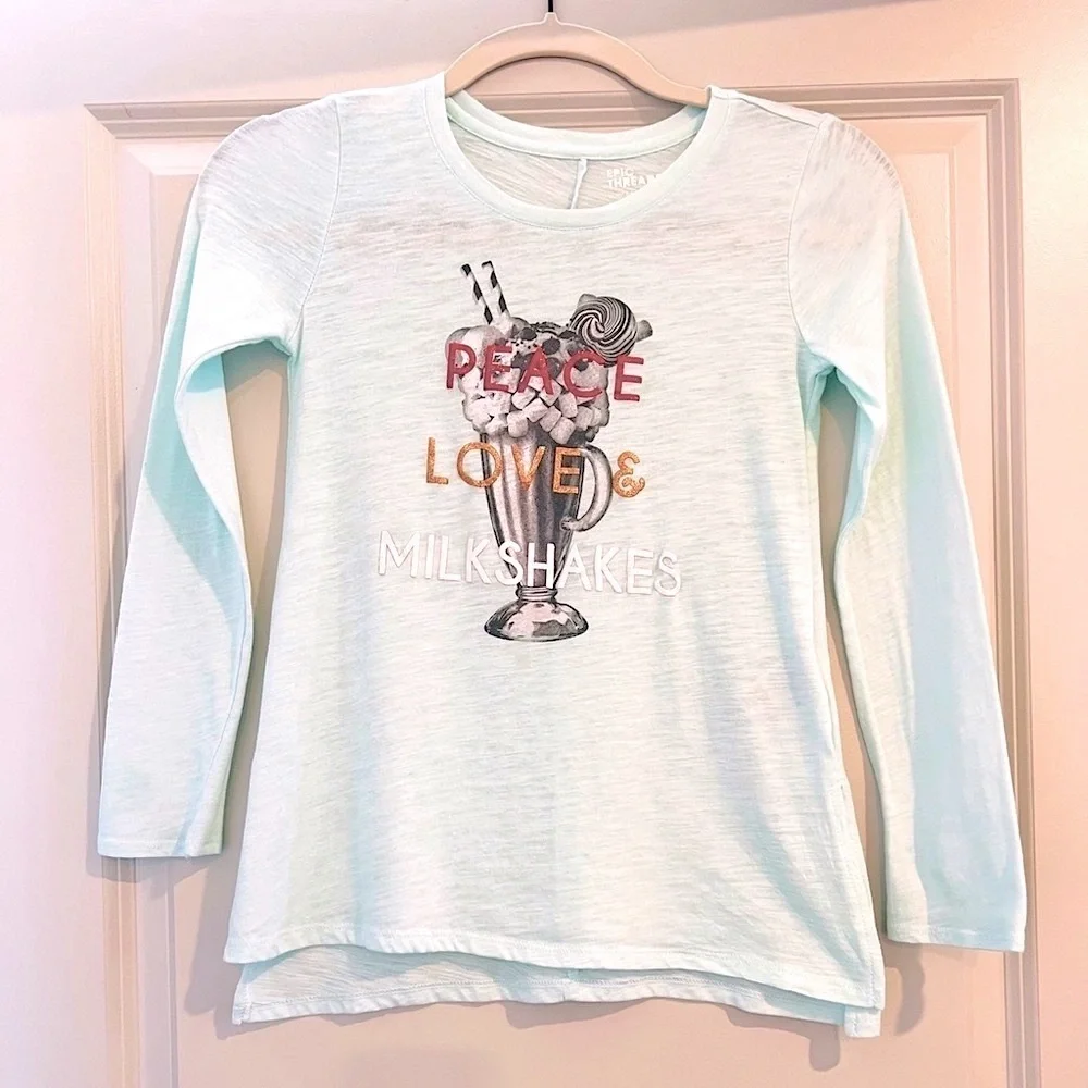 EPIC THREADS Girls Mint Green Tunic Tee Peace Love Milkshakes Long Sleeve Top M